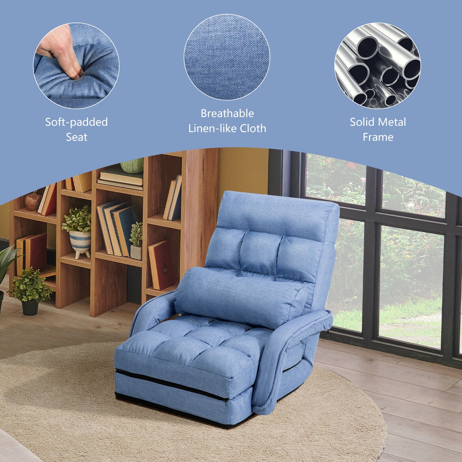 Folding Lazy Floor Chair Sofa with Armrests and Pillow-BlueÂ