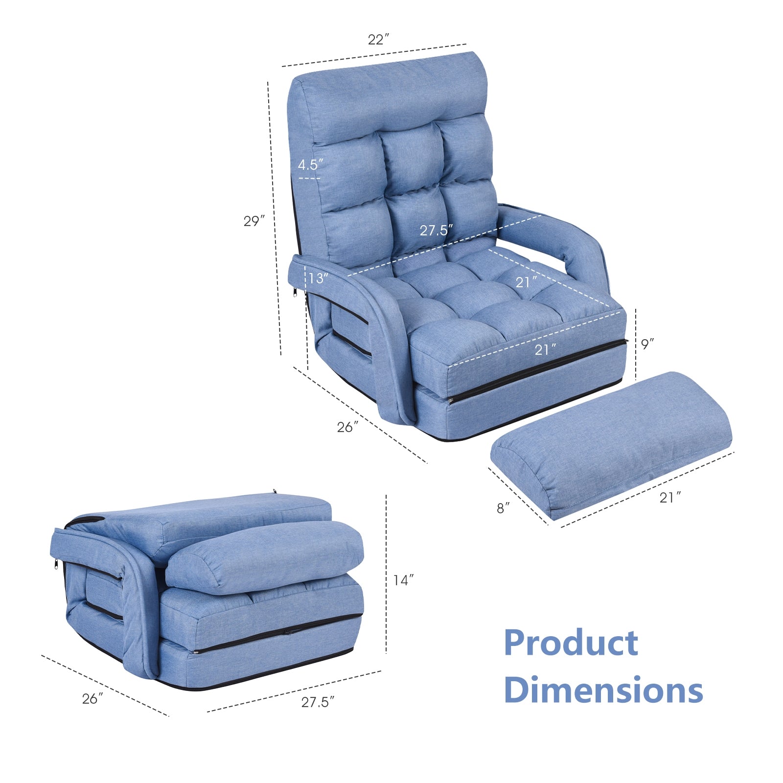 Folding Lazy Floor Chair Sofa with Armrests and Pillow-BlueÂ