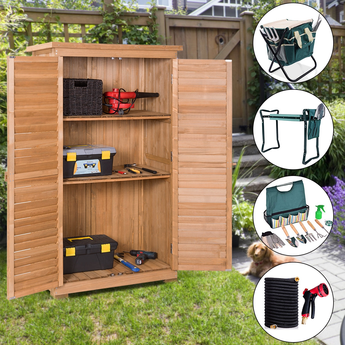 63 Inch Tall Wooden Garden Storage Shed in Shutter DesignÂ