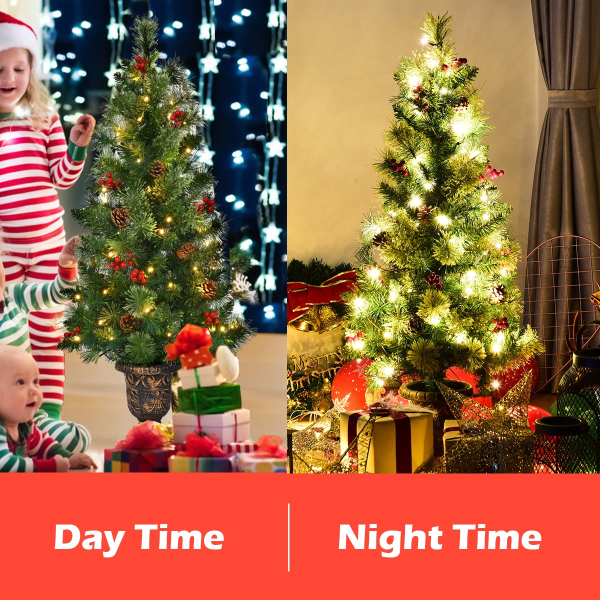 3'/4'/5' LED Christmas Entrance Tree w/ Red Berries Pine Cones-3'Â