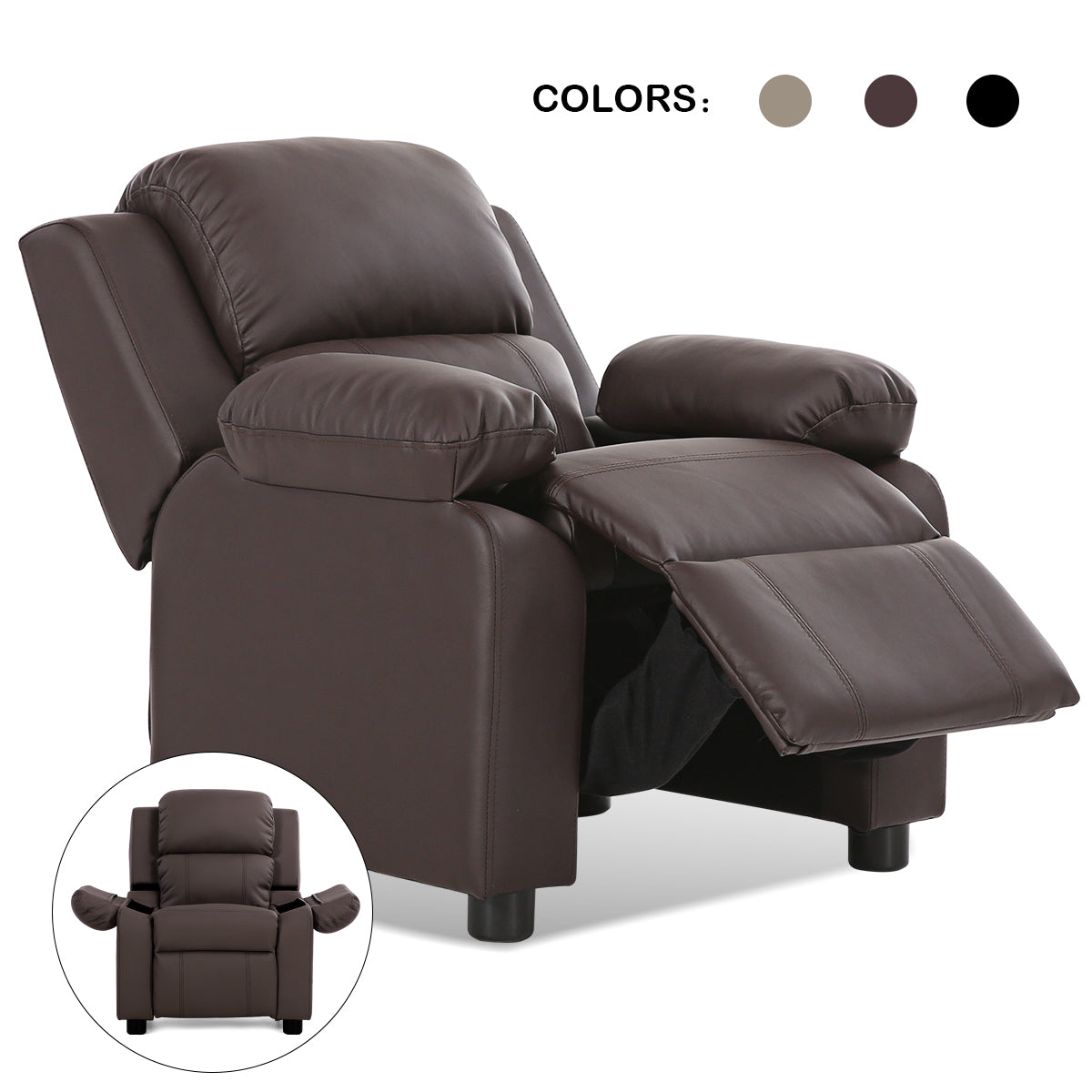 ceshi-Deluxe Padded Kids Sofa Armchair Recliner Headrest Children w/ Storage Arm BrownÂ