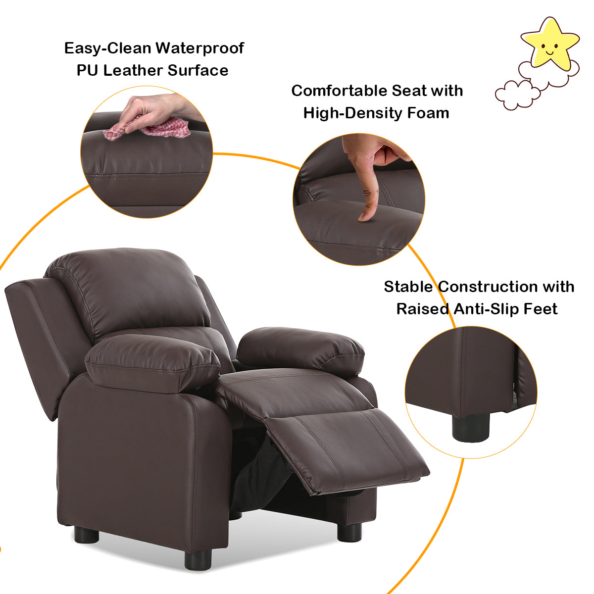ceshi-Deluxe Padded Kids Sofa Armchair Recliner Headrest Children w/ Storage Arm BrownÂ