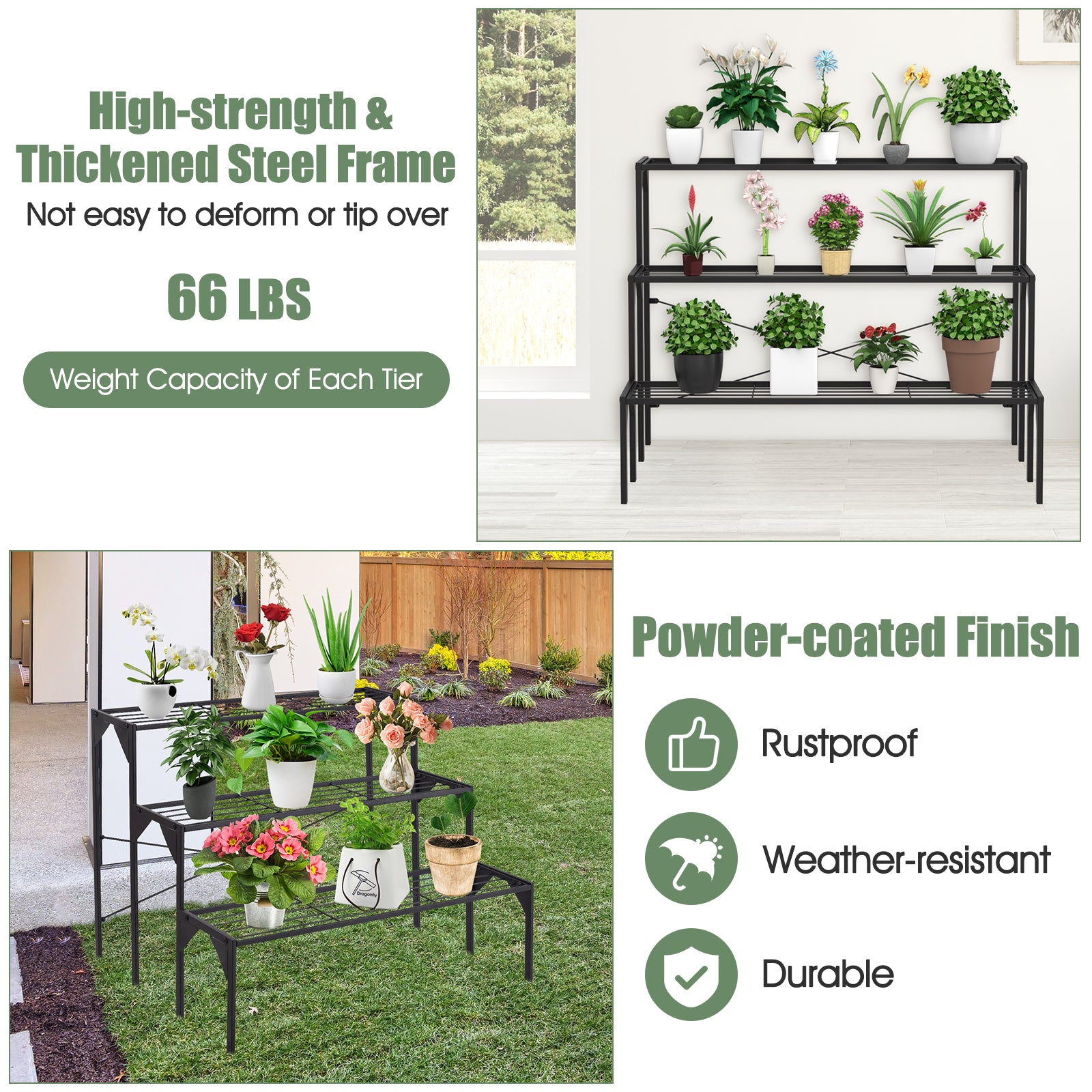 3 Tier Outdoor Metal Heavy Duty Modern for Multiple Plant Display Stand RackÂ