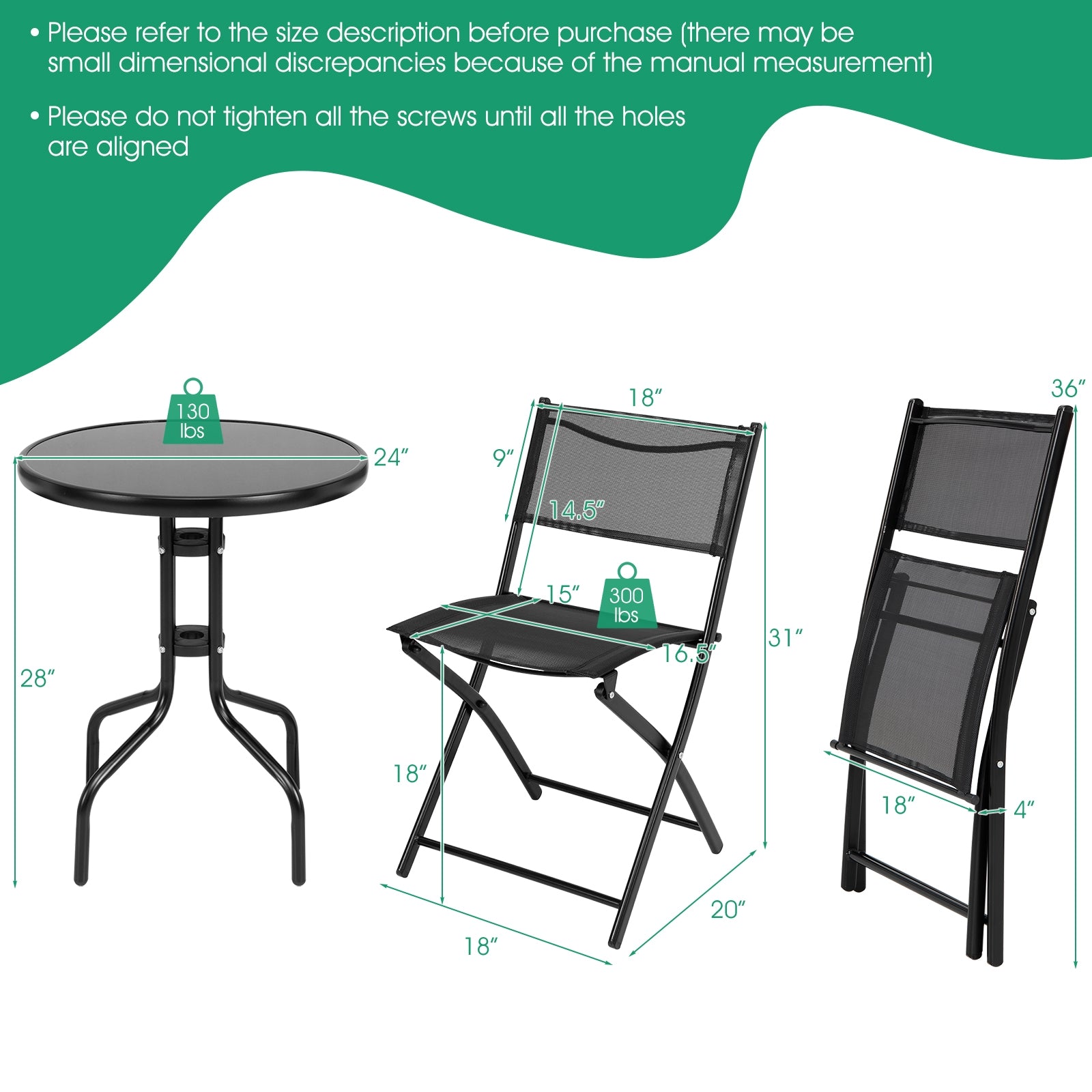 3 Pieces Folding Bistro Table Chairs Set for Indoor and OutdoorÂ