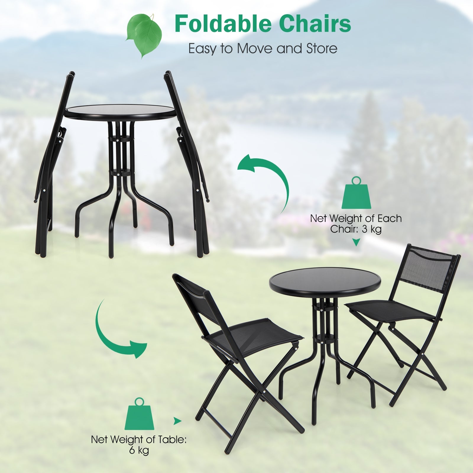 3 Pieces Folding Bistro Table Chairs Set for Indoor and OutdoorÂ