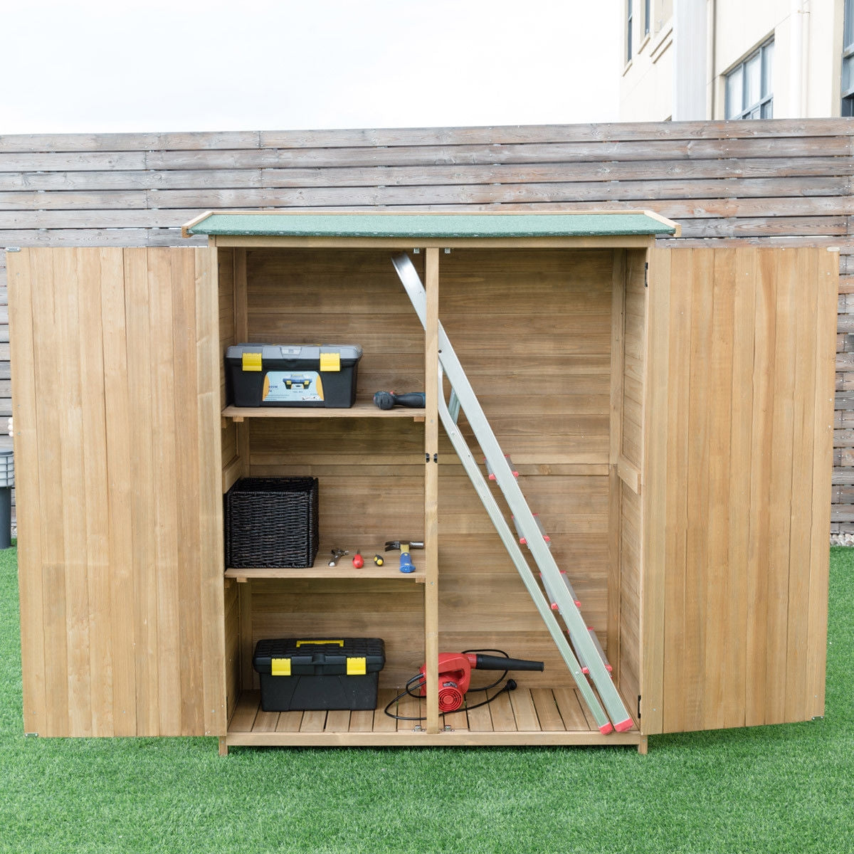 64 Inch Outdoor Wooden Storage Shed with Double Lockable Doors for BackyardÂ