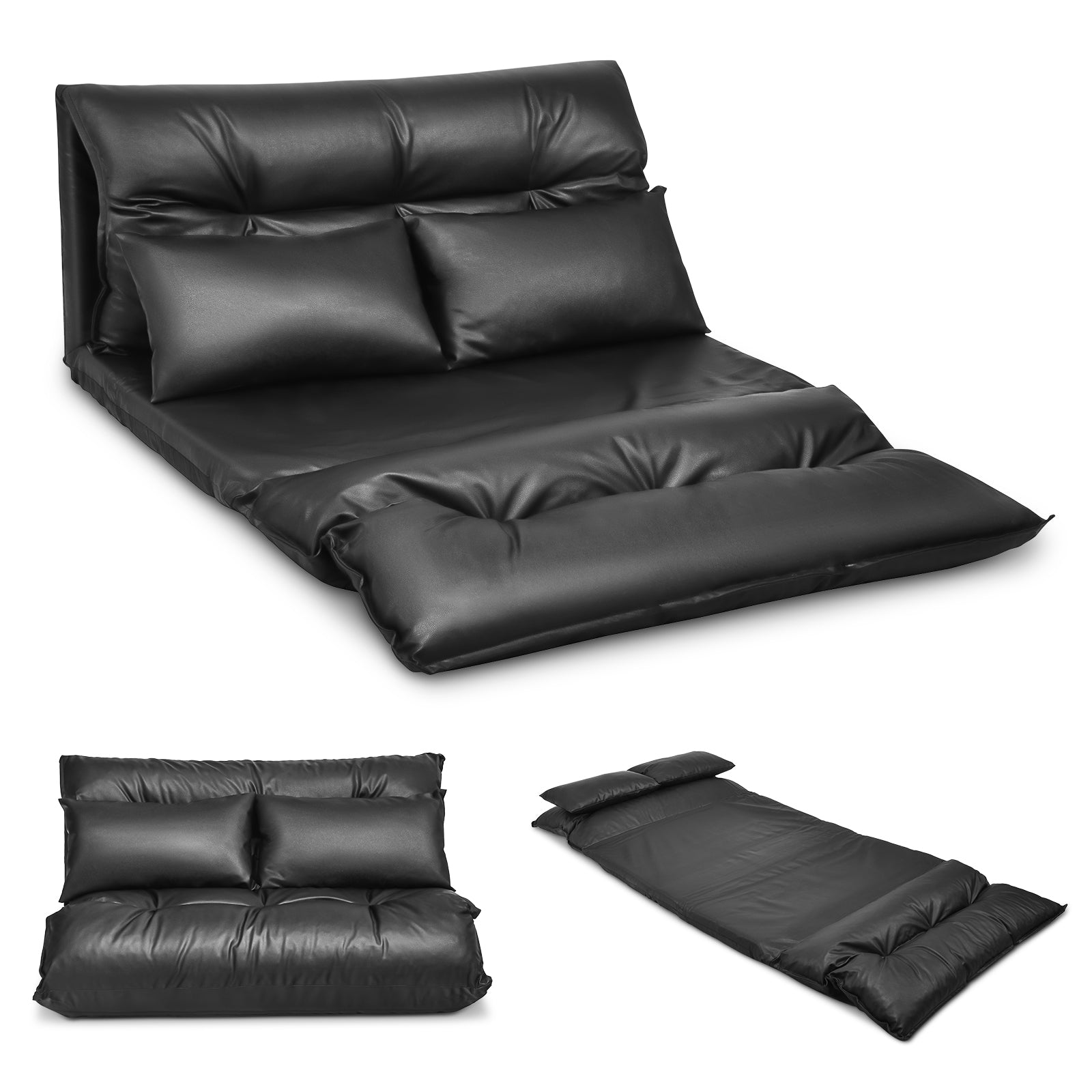 Foldable PU Leather Leisure Floor Sofa Bed with 2 Pillows-BlackÂ