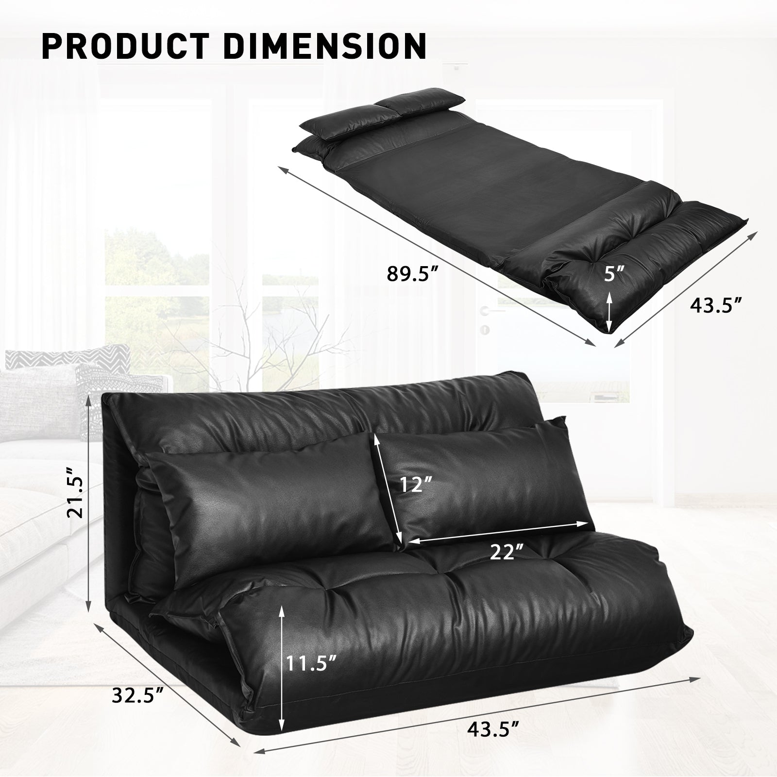Foldable PU Leather Leisure Floor Sofa Bed with 2 Pillows-BlackÂ