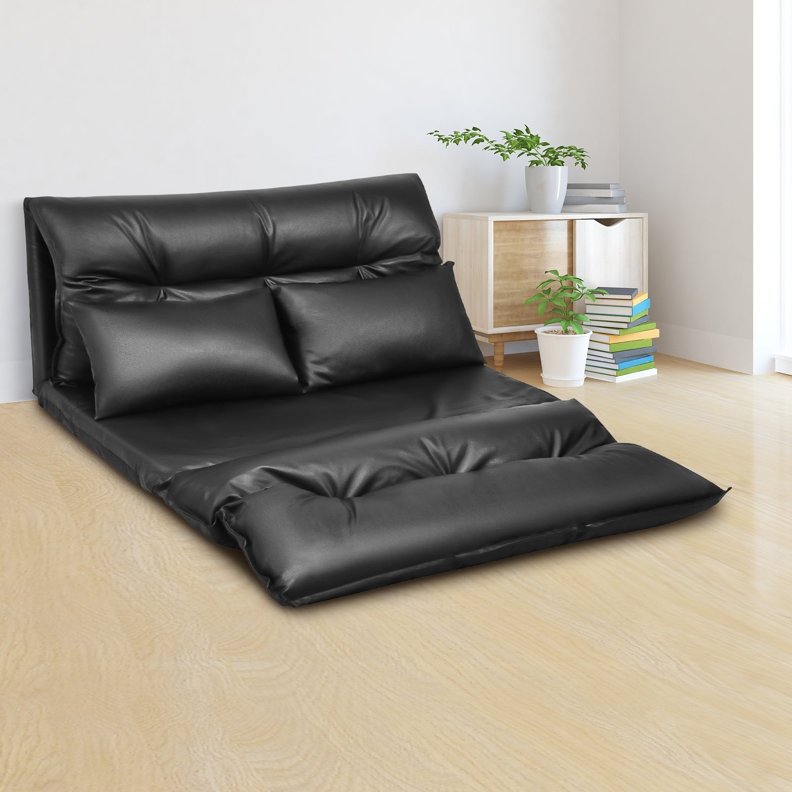 Foldable PU Leather Leisure Floor Sofa Bed with 2 Pillows-BlackÂ