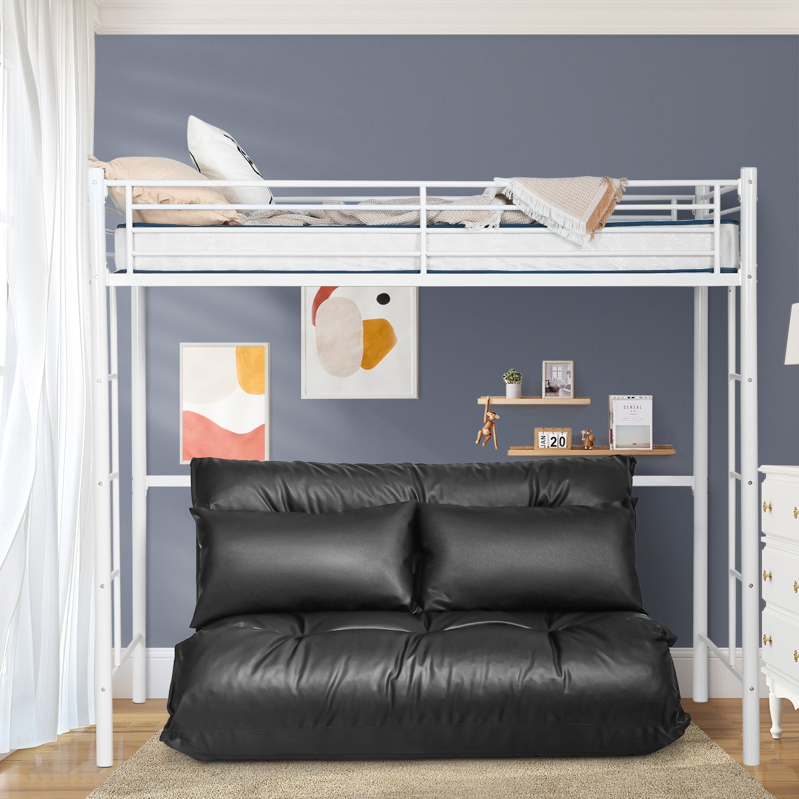 Foldable PU Leather Leisure Floor Sofa Bed with 2 Pillows-BlackÂ