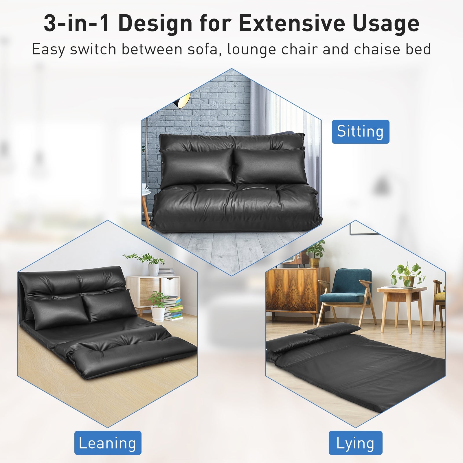 Foldable PU Leather Leisure Floor Sofa Bed with 2 Pillows-BlackÂ
