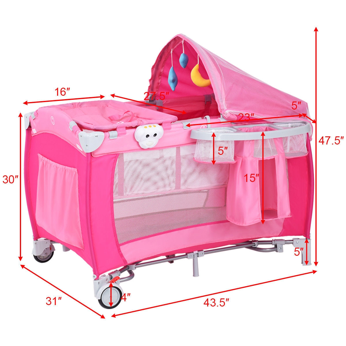 Foldable Baby Crib Playpen w/ Mosquito Net and Bag-PinkÂ