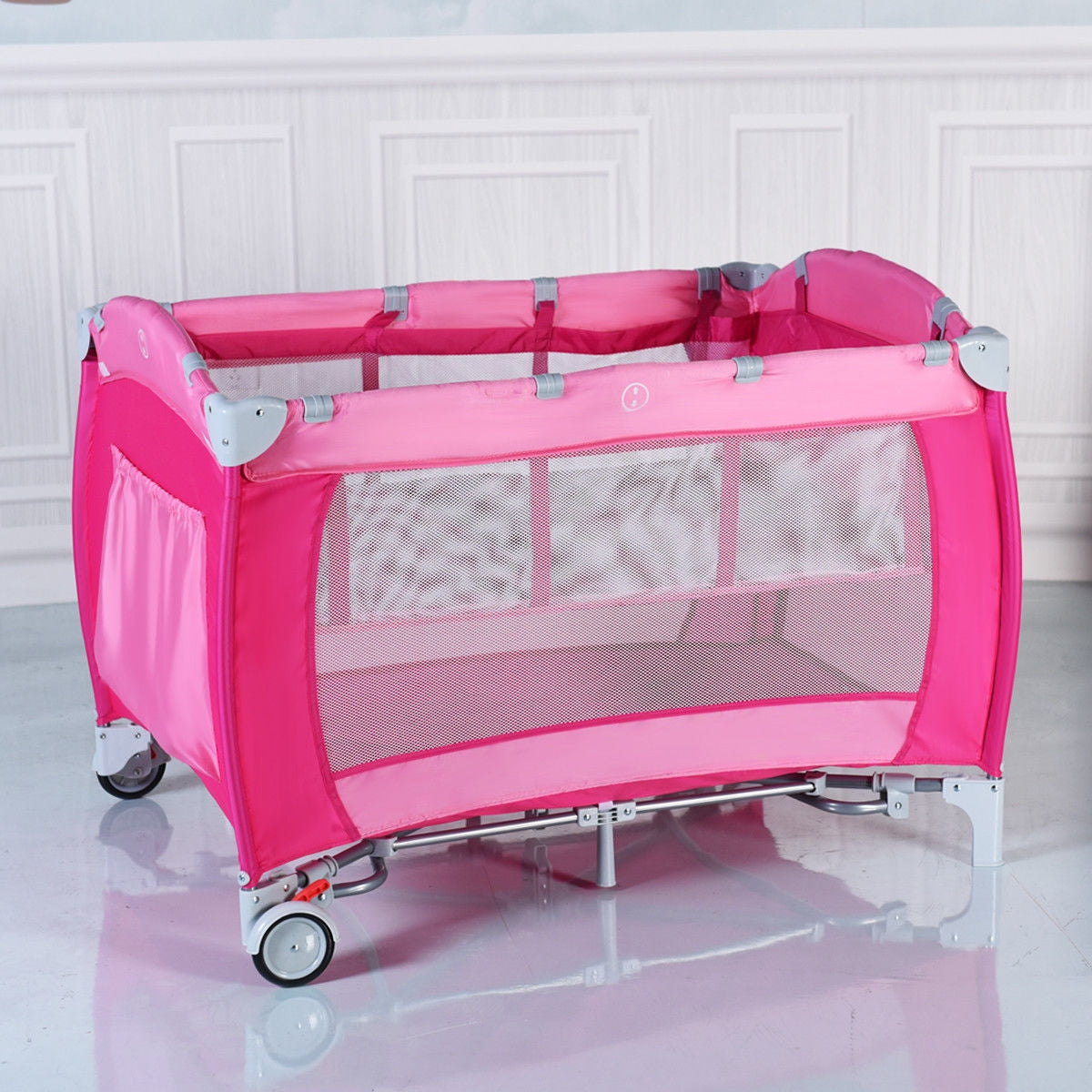 Foldable Baby Crib Playpen w/ Mosquito Net and Bag-PinkÂ