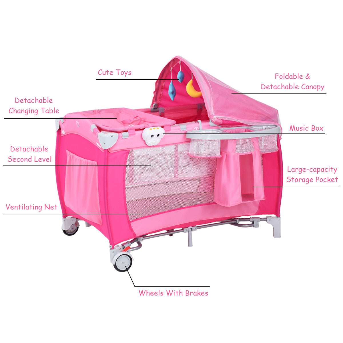 Foldable Baby Crib Playpen w/ Mosquito Net and Bag-PinkÂ