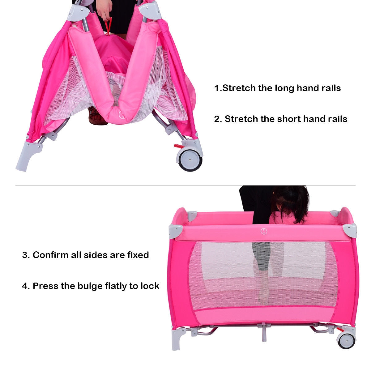 Foldable Baby Crib Playpen w/ Mosquito Net and Bag-PinkÂ