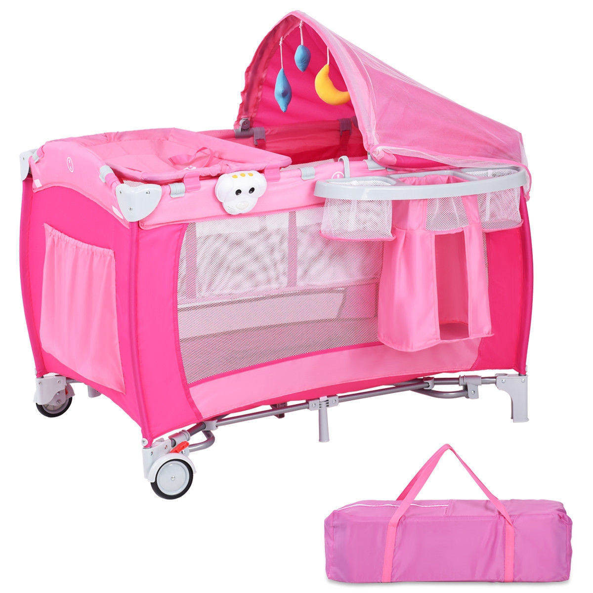 Foldable Baby Crib Playpen w/ Mosquito Net and Bag-PinkÂ