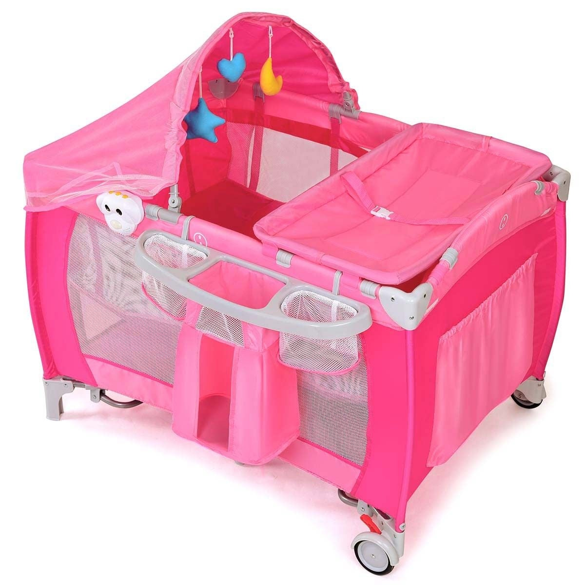 Foldable Baby Crib Playpen w/ Mosquito Net and Bag-PinkÂ