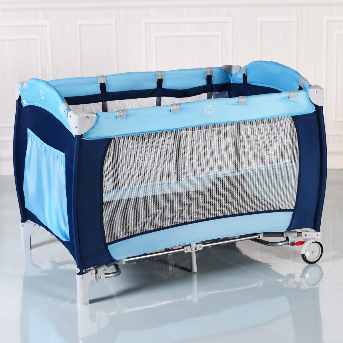 Foldable Baby Crib Playpen w/ Mosquito Net and Bag-BlueÂ