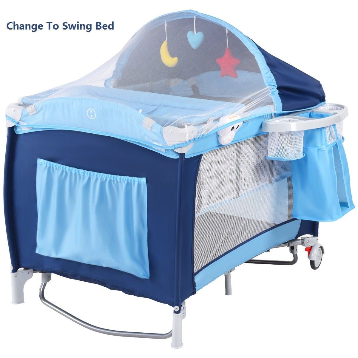 Foldable Baby Crib Playpen w/ Mosquito Net and Bag-BlueÂ