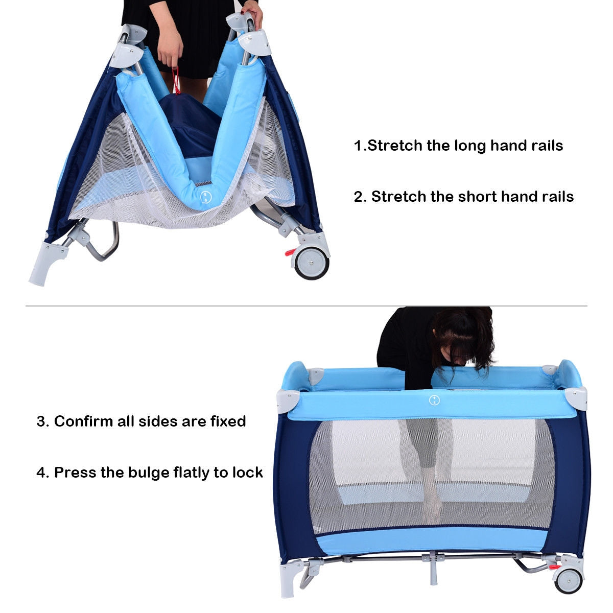 Foldable Baby Crib Playpen w/ Mosquito Net and Bag-BlueÂ