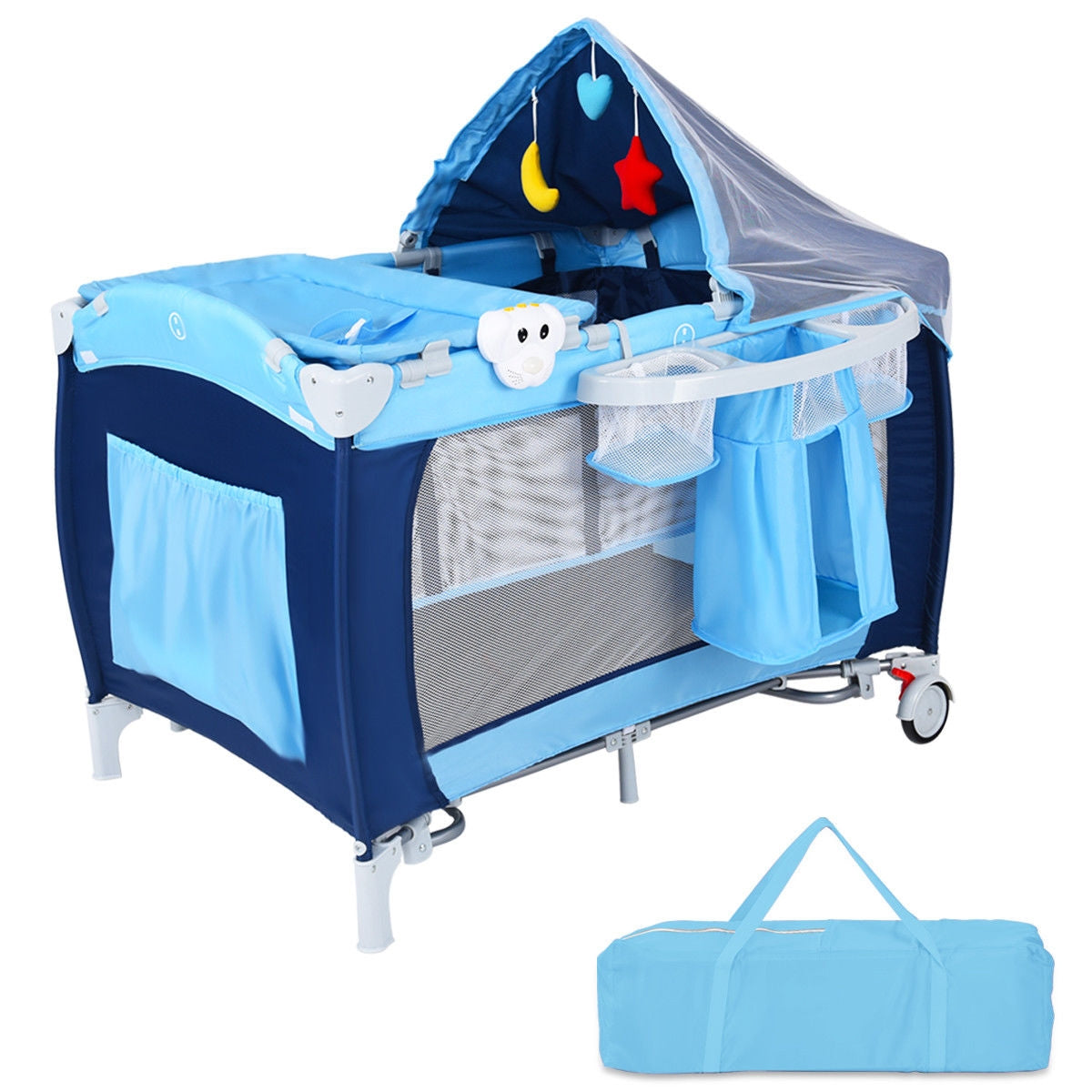 Foldable Baby Crib Playpen w/ Mosquito Net and Bag-BlueÂ