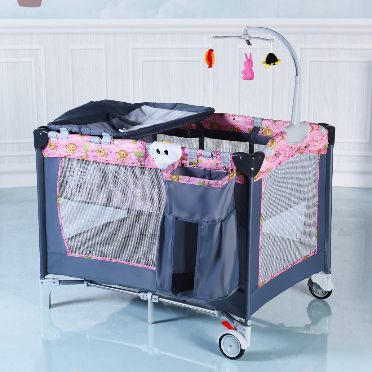 Foldable 2 Color Baby Crib Playpen Playard-PinkÂ