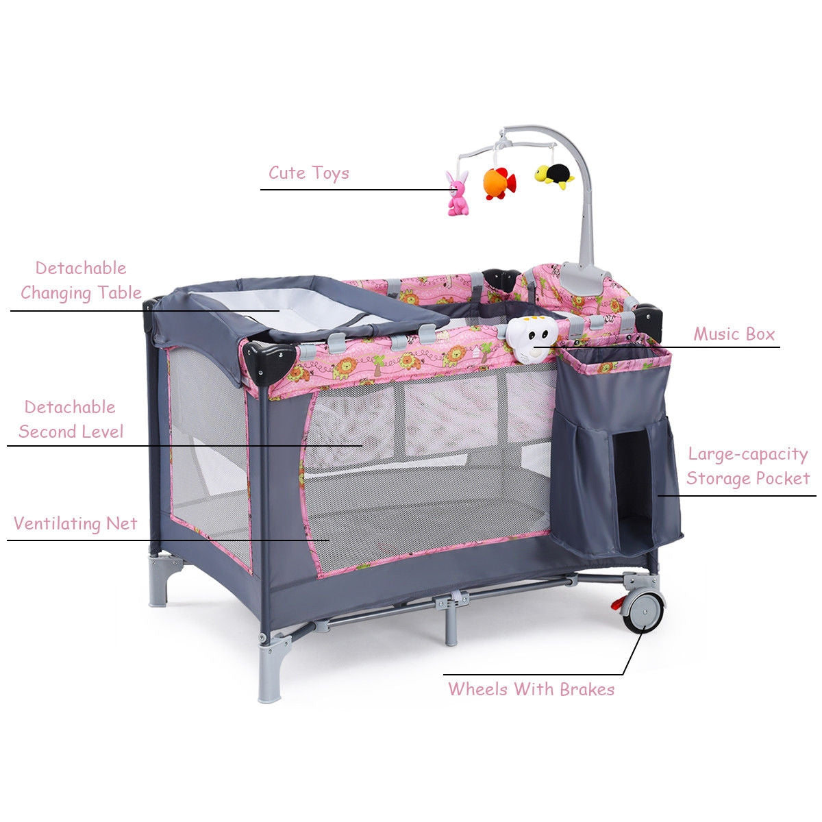 Foldable 2 Color Baby Crib Playpen Playard-PinkÂ