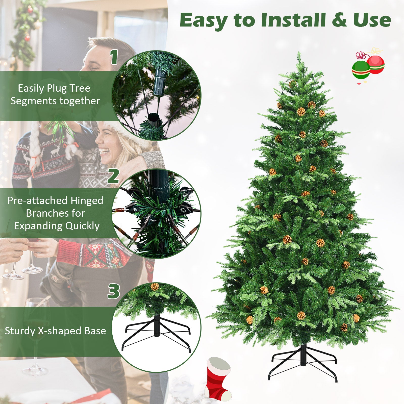 Artificial Christmas Tree with LED Lights and Pine Cones-7'Â
