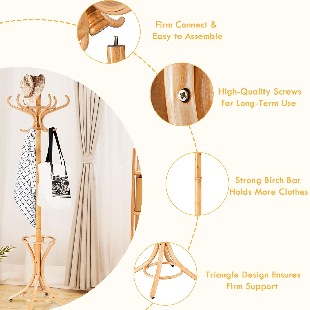 Wood Standing Hat Coat Rack with Umbrella Stand-NaturalÂ