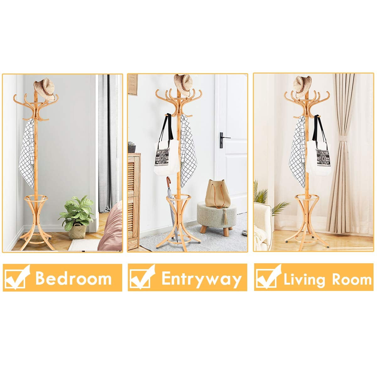 Wood Standing Hat Coat Rack with Umbrella Stand-NaturalÂ