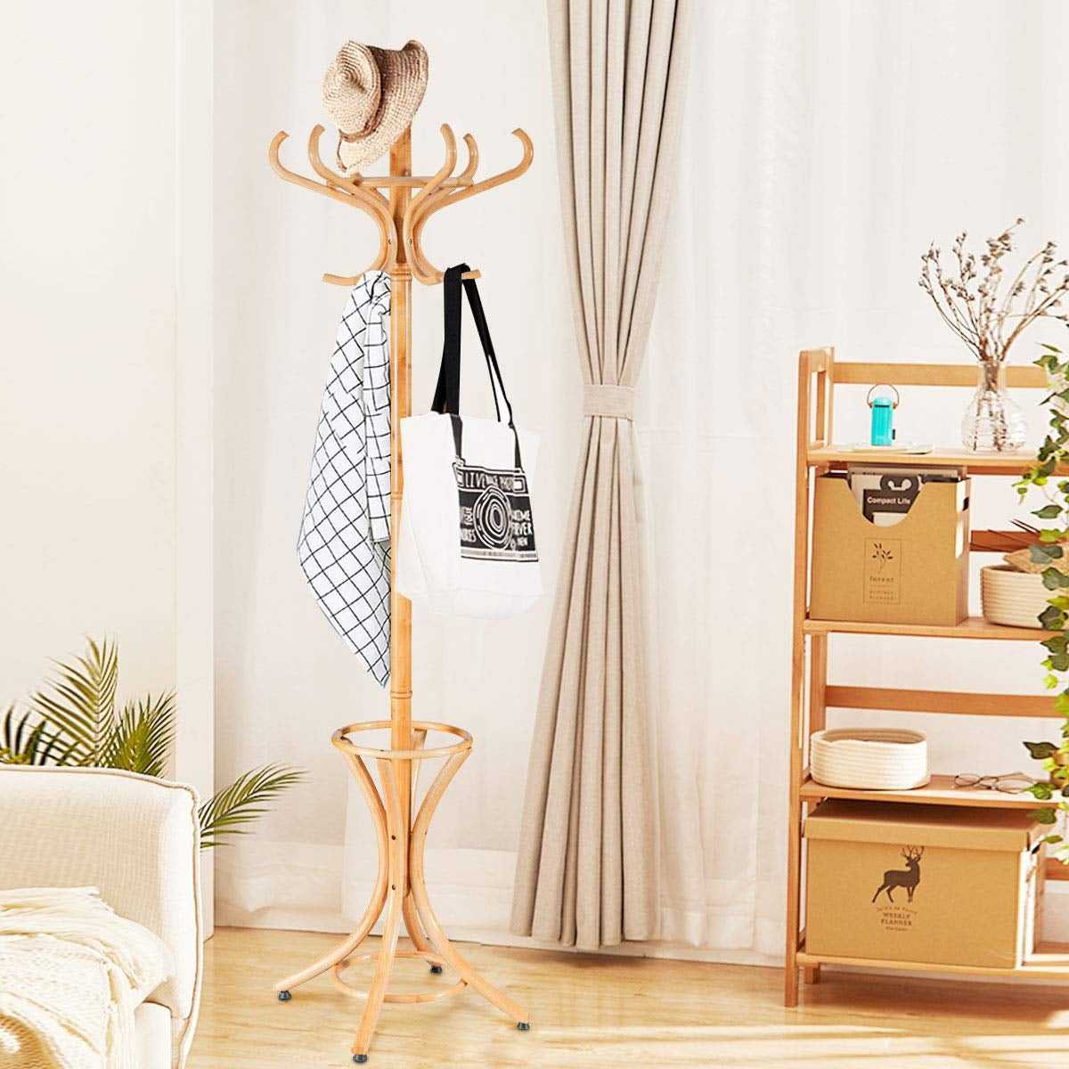 Wood Standing Hat Coat Rack with Umbrella Stand-NaturalÂ