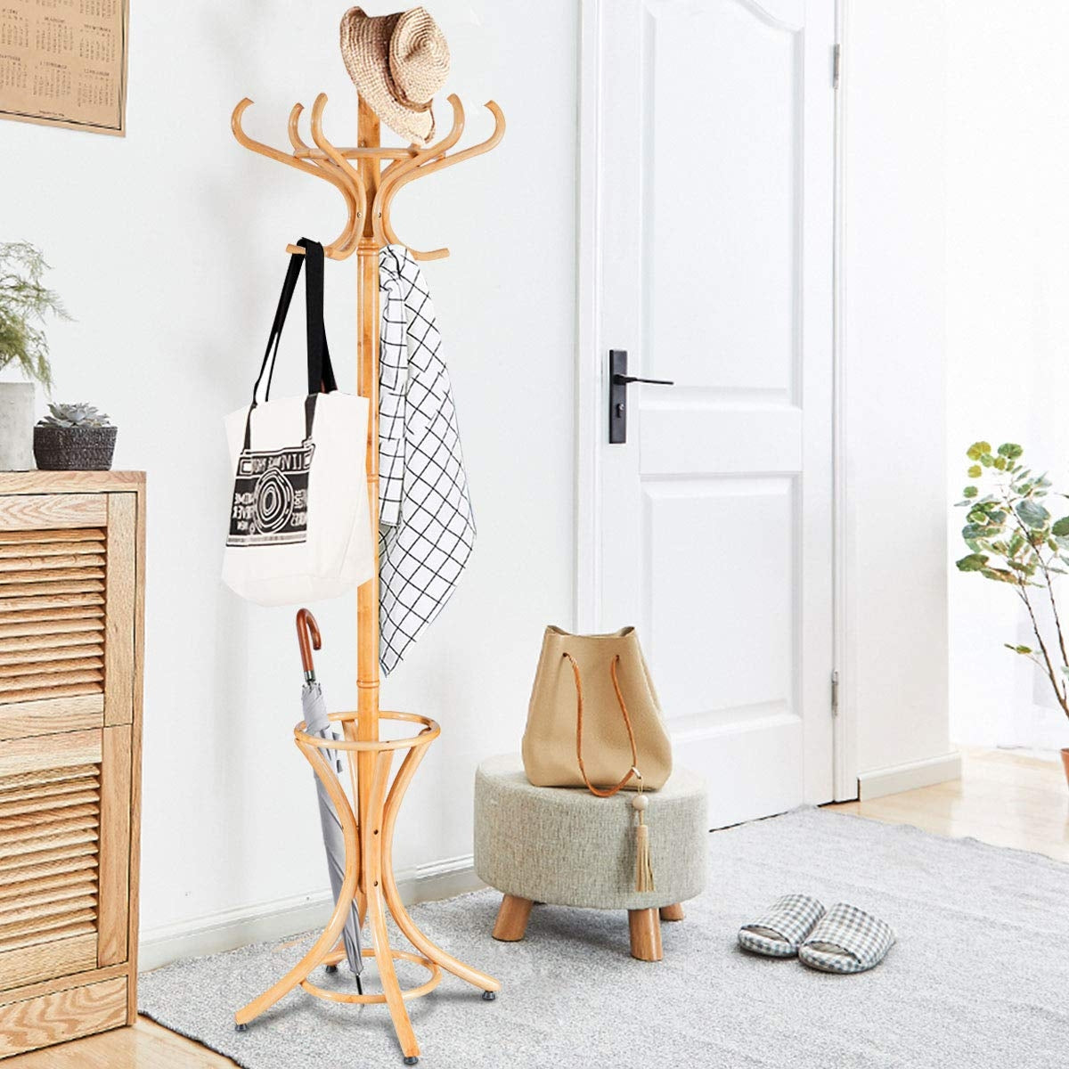 Wood Standing Hat Coat Rack with Umbrella Stand-NaturalÂ