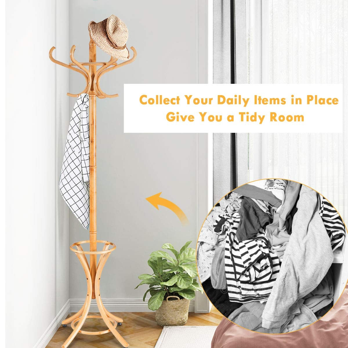 Wood Standing Hat Coat Rack with Umbrella Stand-NaturalÂ