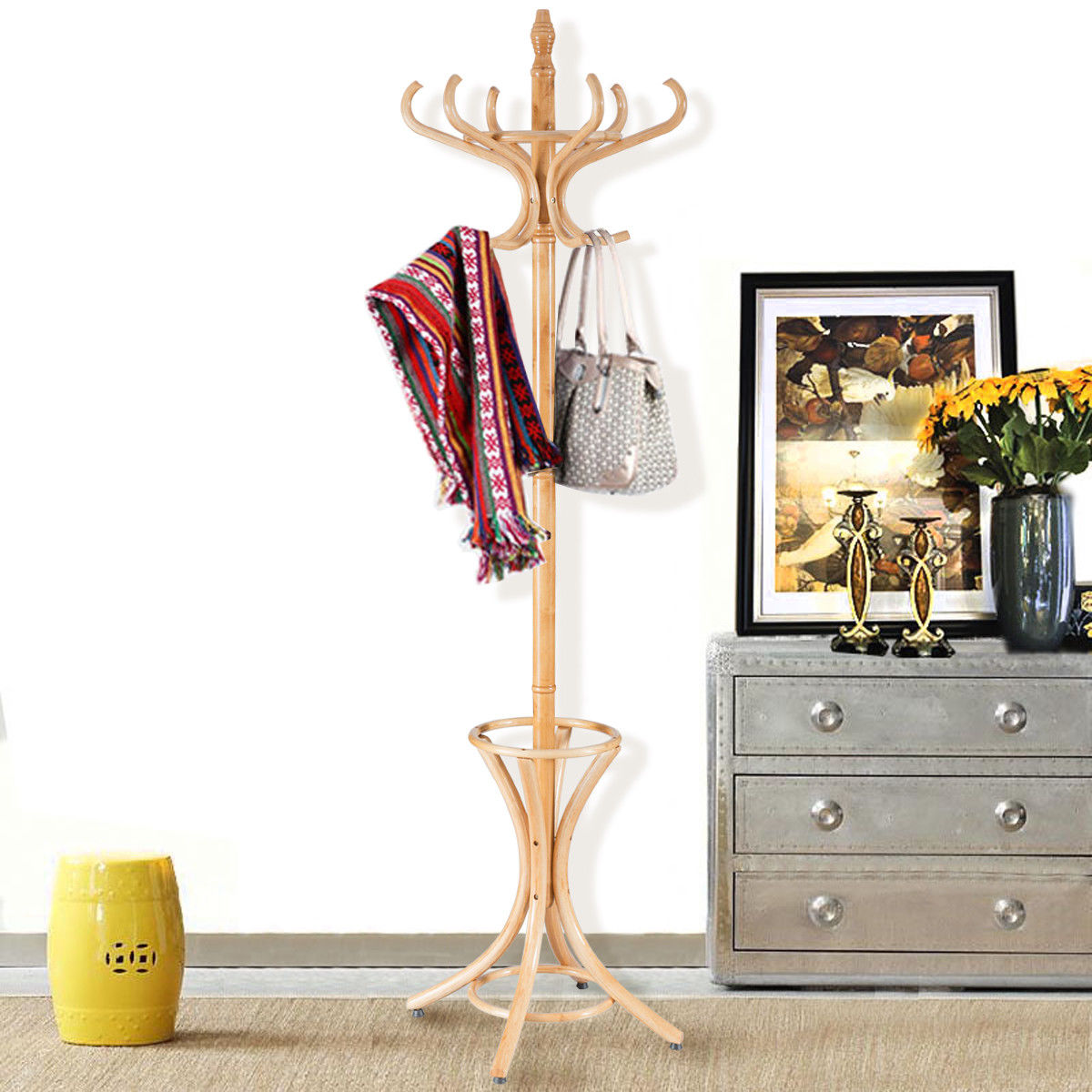 Wood Standing Hat Coat Rack with Umbrella Stand-NaturalÂ