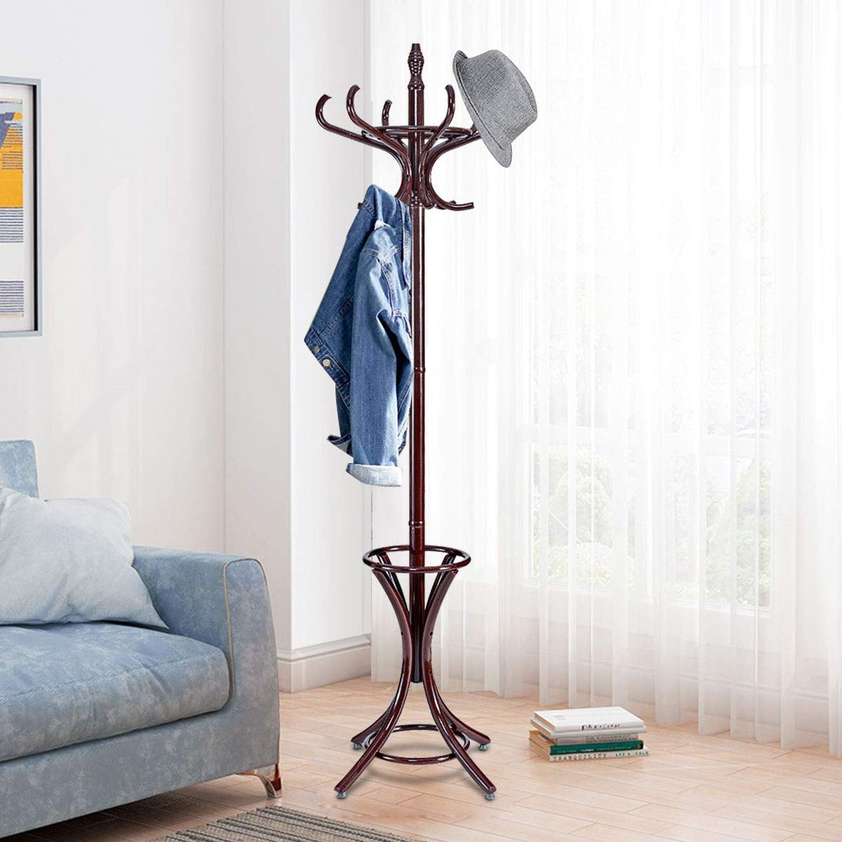 Wood Standing Hat Coat Rack w/ Umbrella Stand-BrownÂ