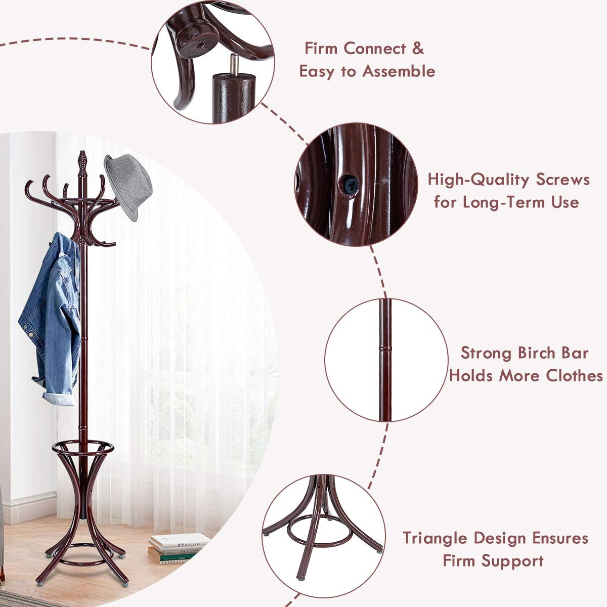 Wood Standing Hat Coat Rack w/ Umbrella Stand-BrownÂ