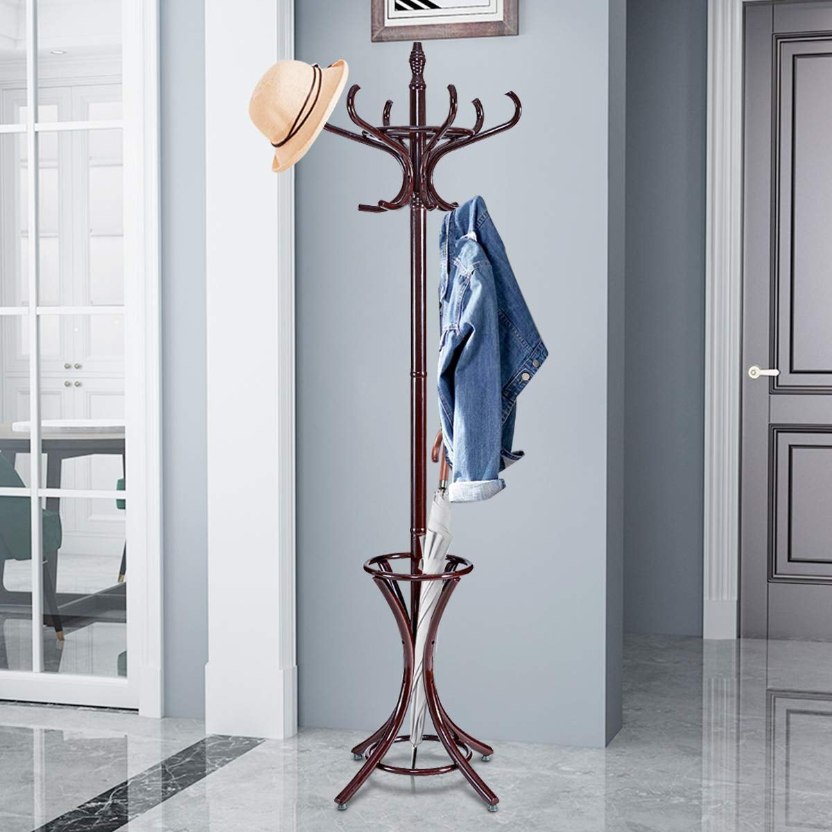 Wood Standing Hat Coat Rack w/ Umbrella Stand-BrownÂ
