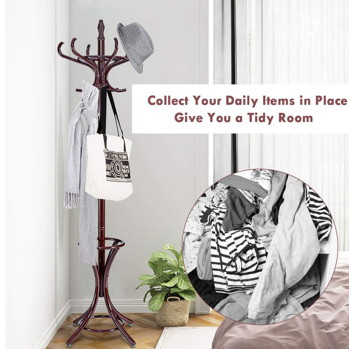 Wood Standing Hat Coat Rack w/ Umbrella Stand-BrownÂ