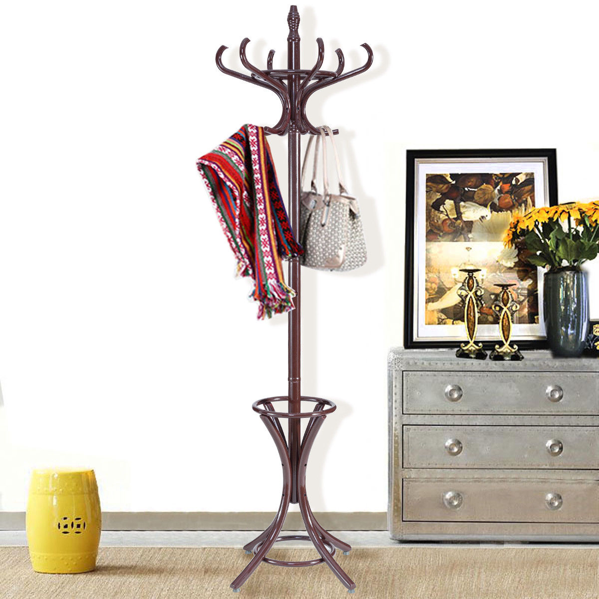 Wood Standing Hat Coat Rack w/ Umbrella Stand-BrownÂ