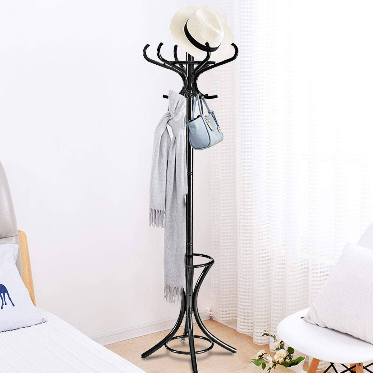 Wood Standing Hat Coat Rack w/ Umbrella Stand-BlackÂ