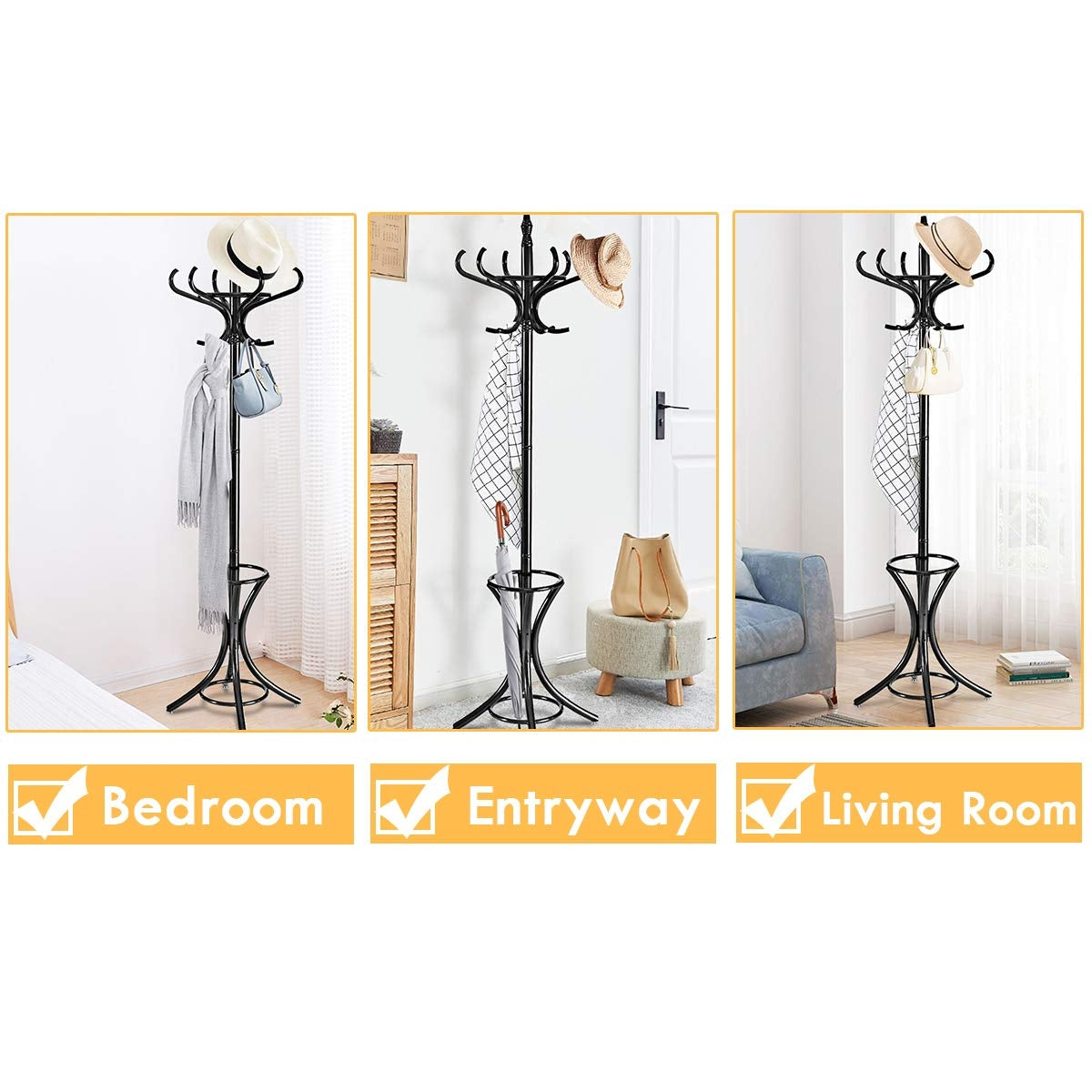 Wood Standing Hat Coat Rack w/ Umbrella Stand-BlackÂ