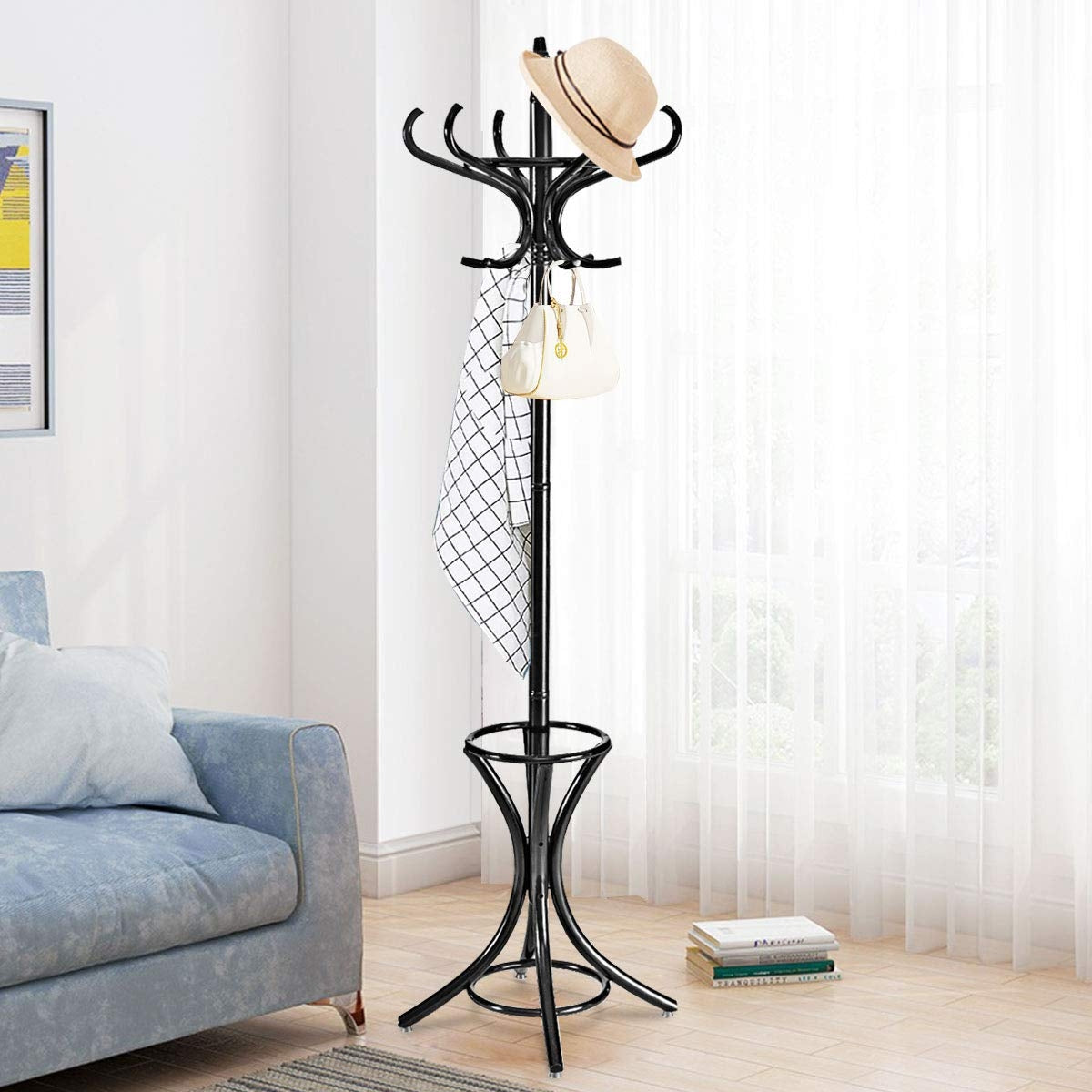 Wood Standing Hat Coat Rack w/ Umbrella Stand-BlackÂ