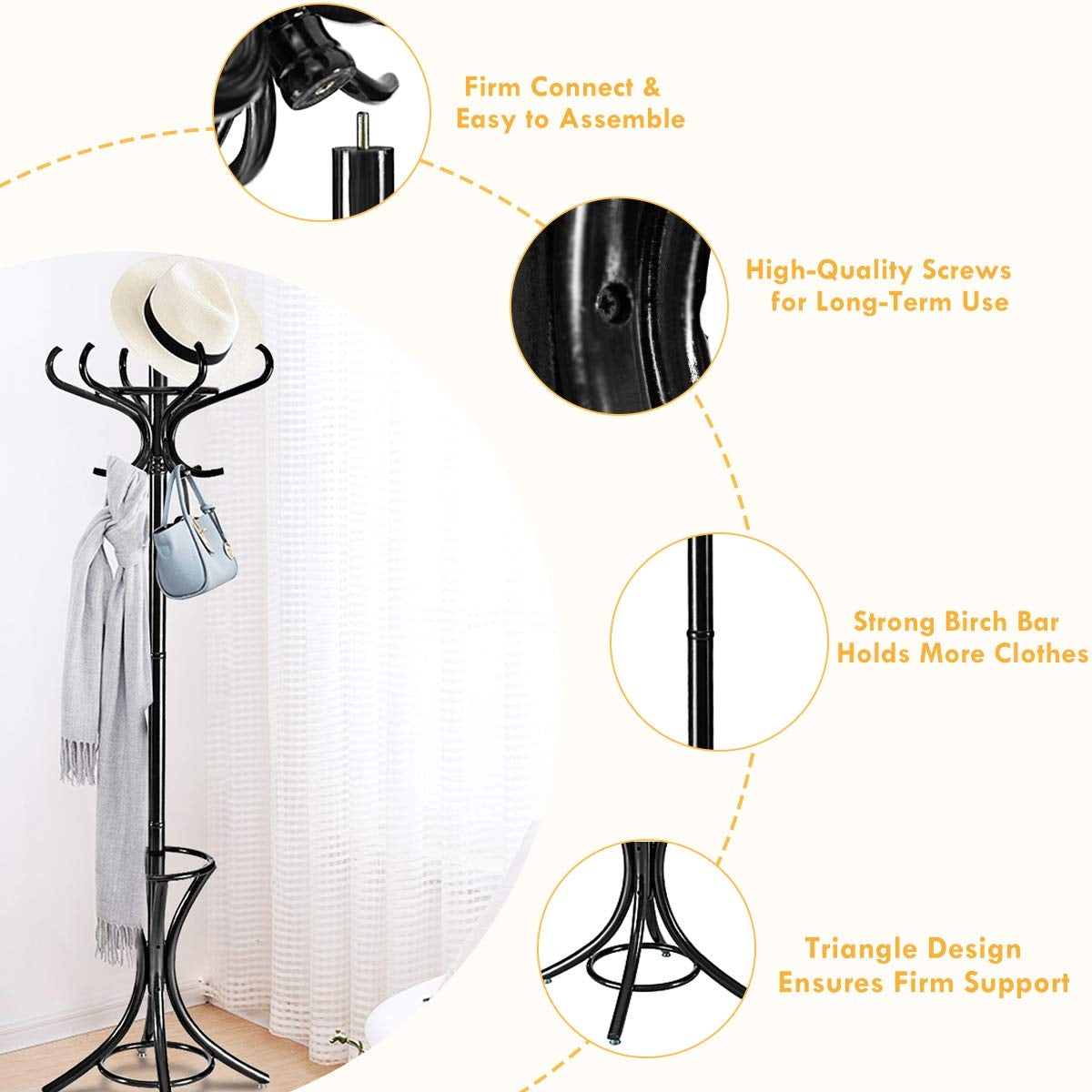 Wood Standing Hat Coat Rack w/ Umbrella Stand-BlackÂ