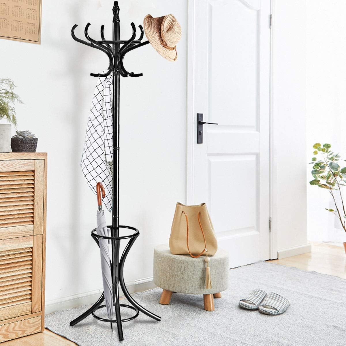 Wood Standing Hat Coat Rack w/ Umbrella Stand-BlackÂ