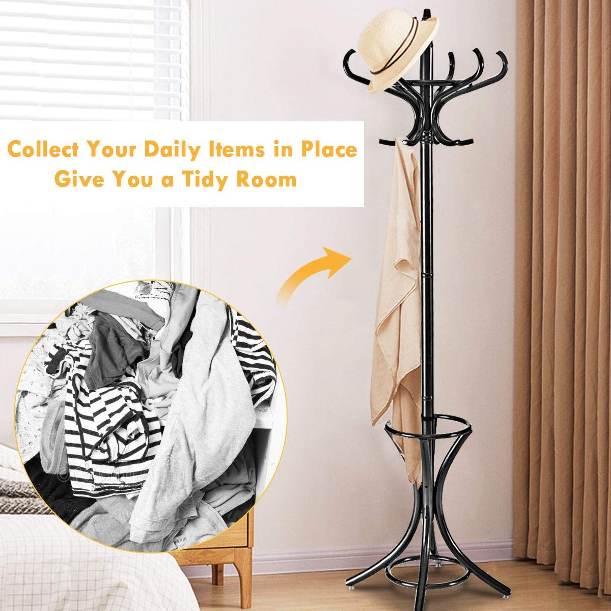Wood Standing Hat Coat Rack w/ Umbrella Stand-BlackÂ