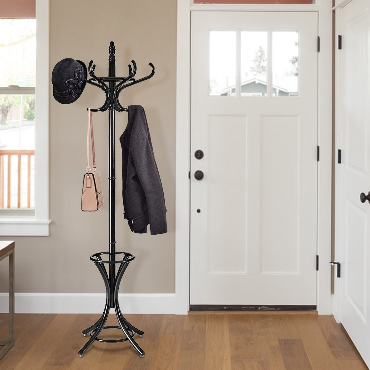 Wood Standing Hat Coat Rack w/ Umbrella Stand-BlackÂ