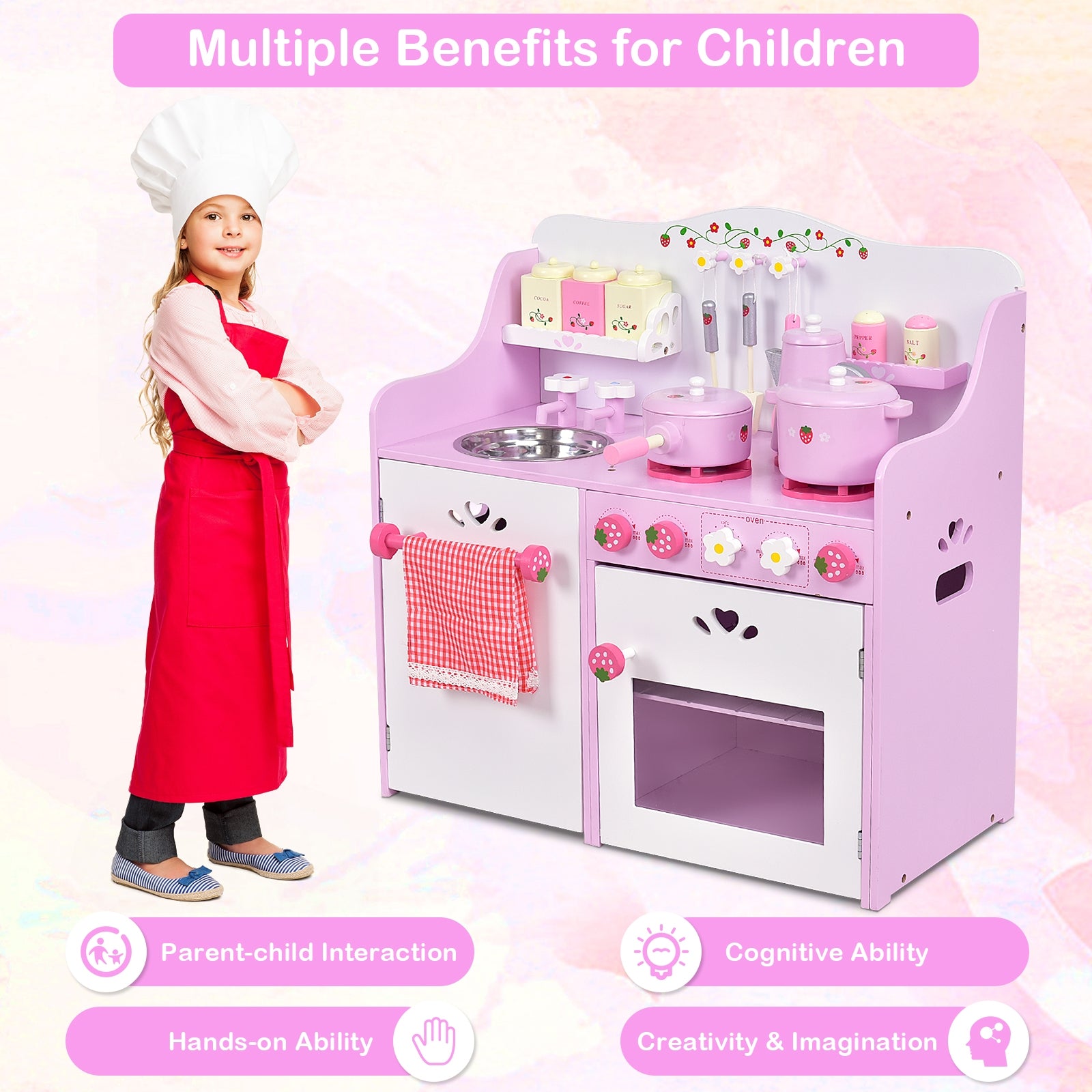 Kids Wooden Kitchen Toy Strawberry Pretend Cooking PlaysetÂ
