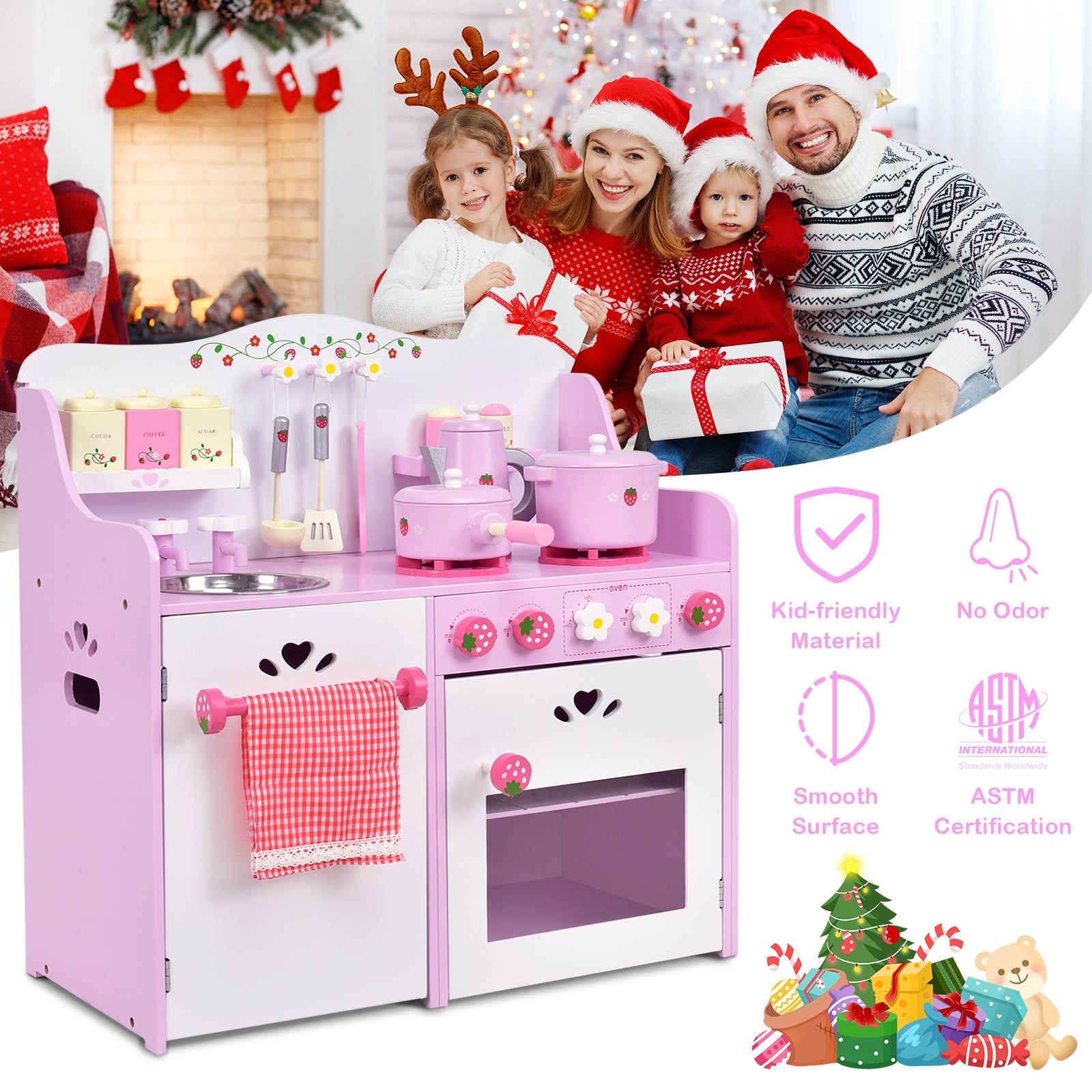 Kids Wooden Kitchen Toy Strawberry Pretend Cooking PlaysetÂ