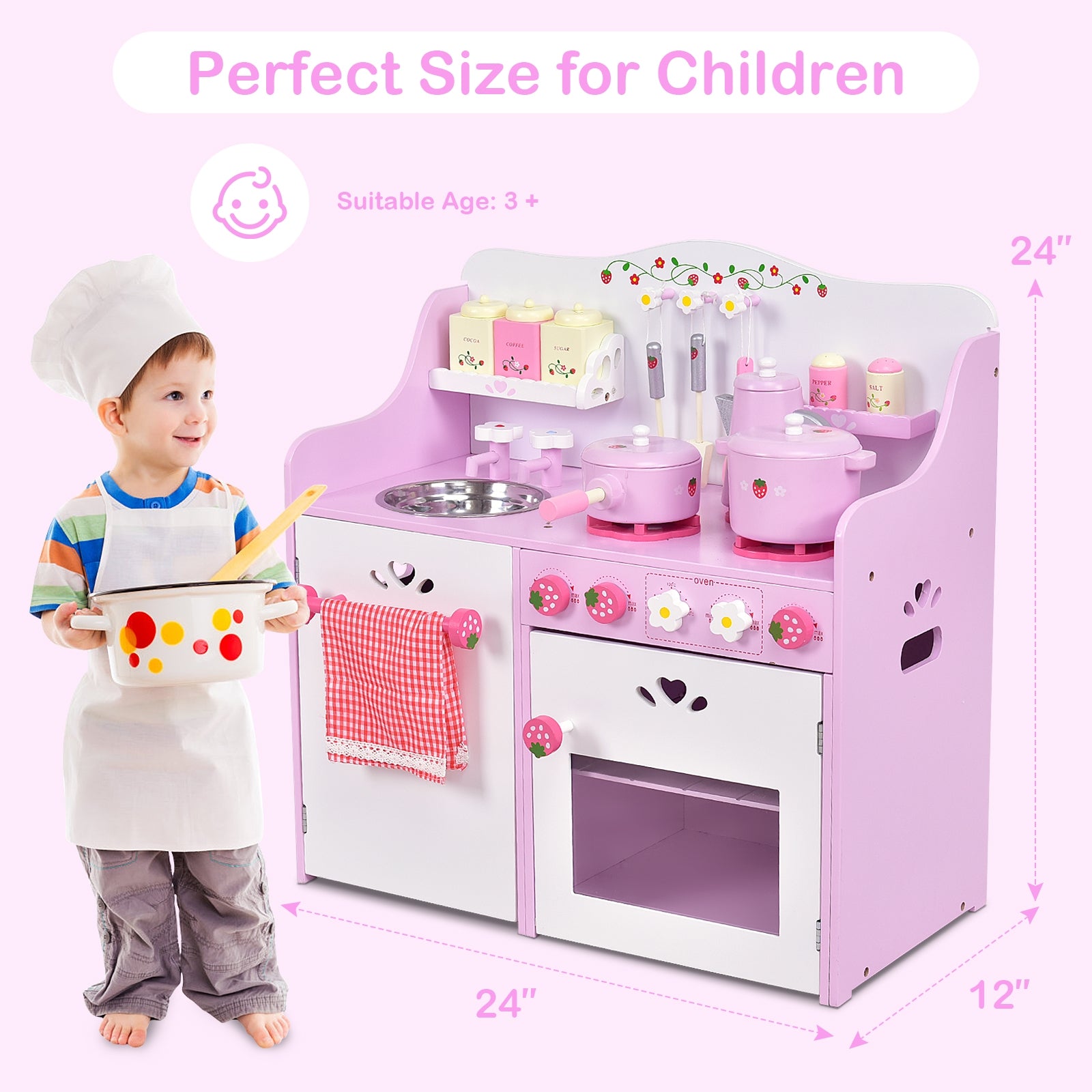 Kids Wooden Kitchen Toy Strawberry Pretend Cooking PlaysetÂ