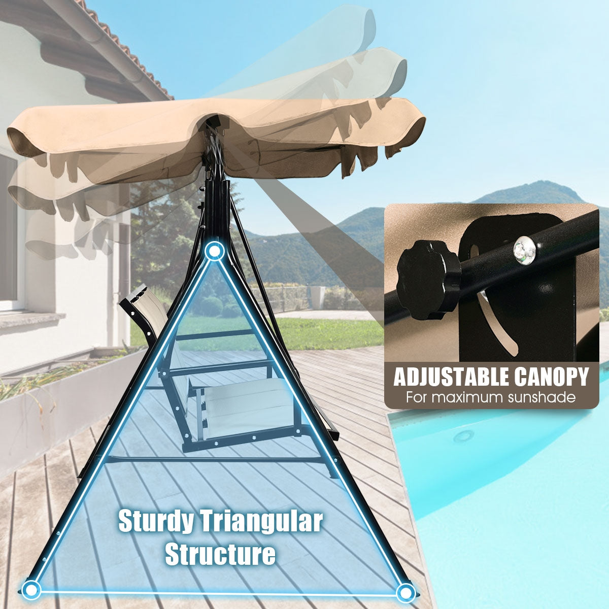 3 Person Steel Frame Patio Swing with Polyester Angle and Adjustable Canopy-BrownÂ
